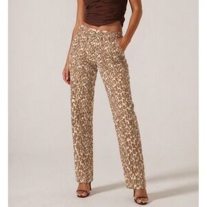 Anthropologie The Wanderer Leopard Print Linen Blend Straight Leg Pants Tan 25
